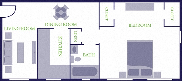 Floor plan for 1 bed, 1 bath, 676 sqft